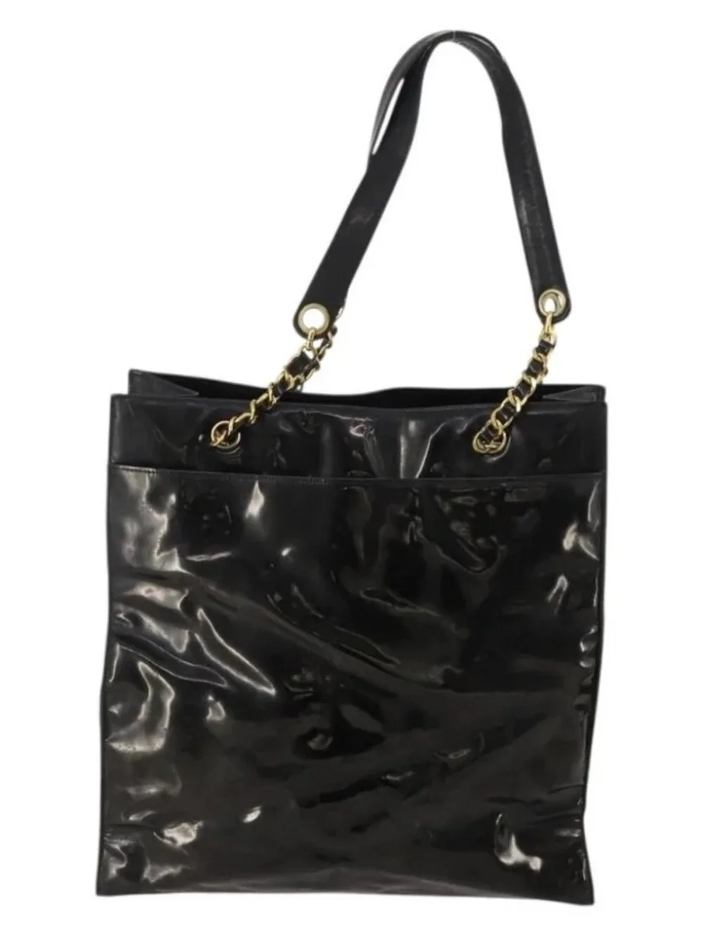 CHANEL Chain Tote Bag Patent Leather Black Gold CC Auth bs34312